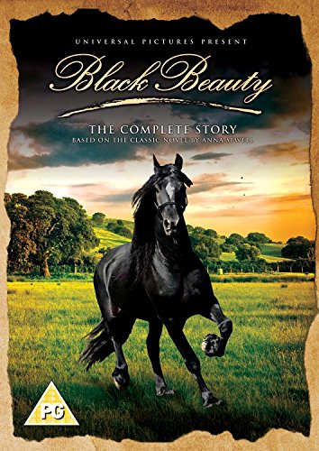A black horse running through a grassy field at sunset on a DVD cover.