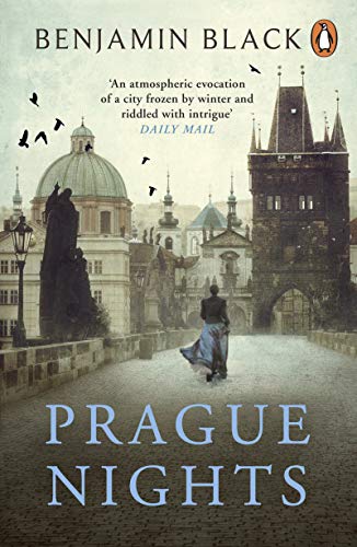 Book cover showing a woman walking on a cobblestone bridge in historic Prague.