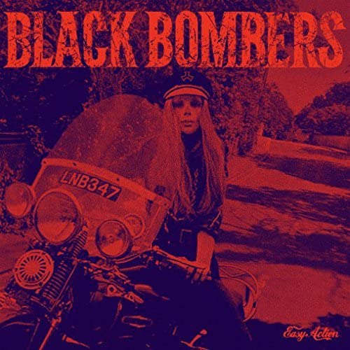 Red album cover featuring a woman with a motorcycle and bomber hat.