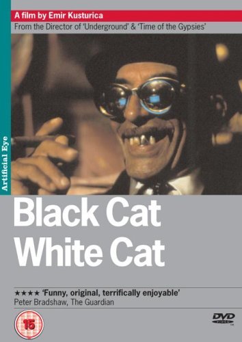 DVD cover for Black Cat White Cat featuring a man wearing dark round glasses.