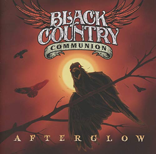 "Album cover with crow on branch, red sky, and wings above title."