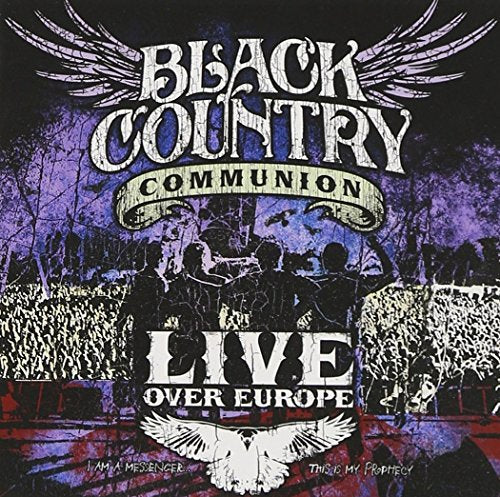 Concert poster with band and crowd, white text on purple and black background.