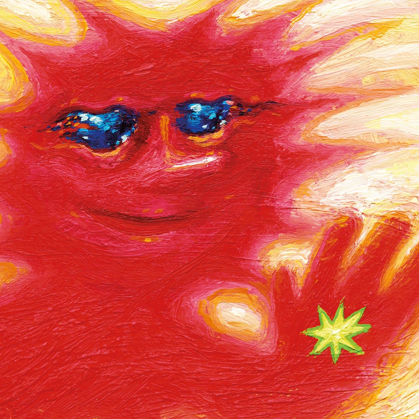 Red, textured face with blue eyes and a yellow star detail.