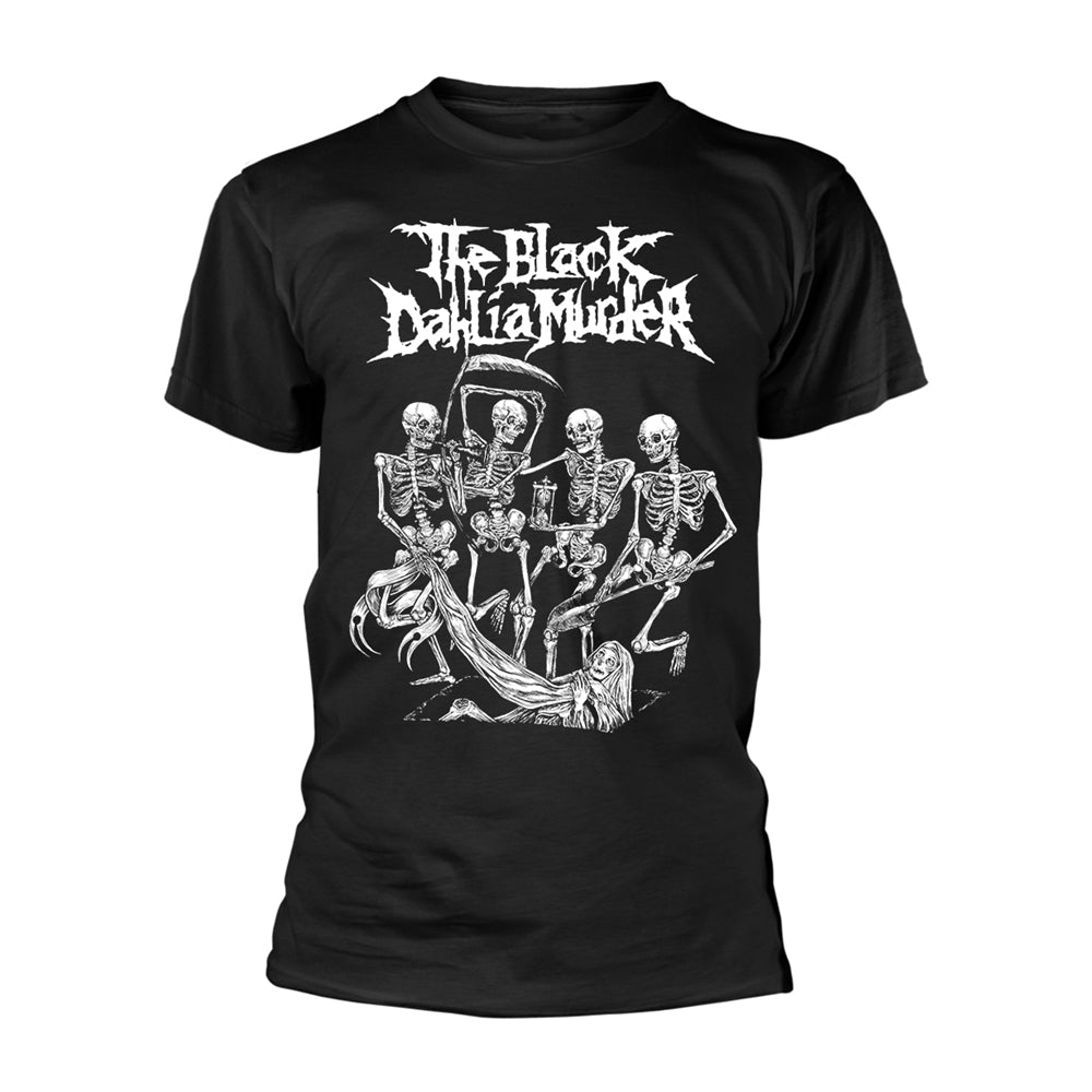Black t-shirt with a white skeletal dance scene and band logo.