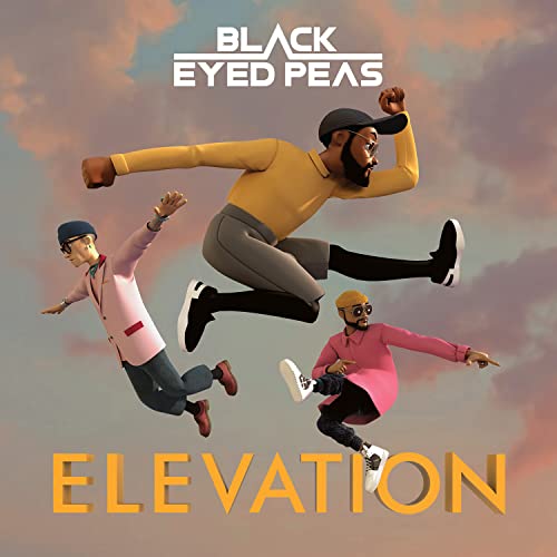 Three cartoon men jumping against a cloudy sky with text reading Black Eyed Peas Elevation.
