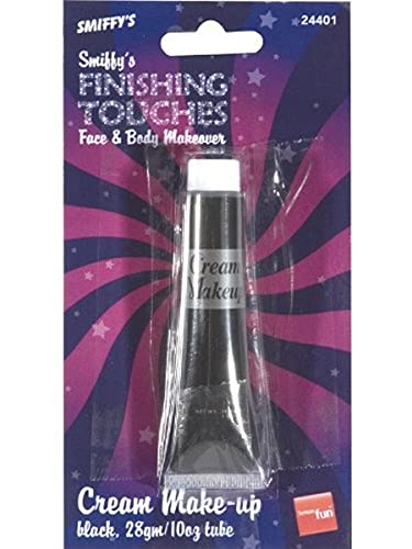 A tube of black cream makeup in retail packaging with purple and black swirls.