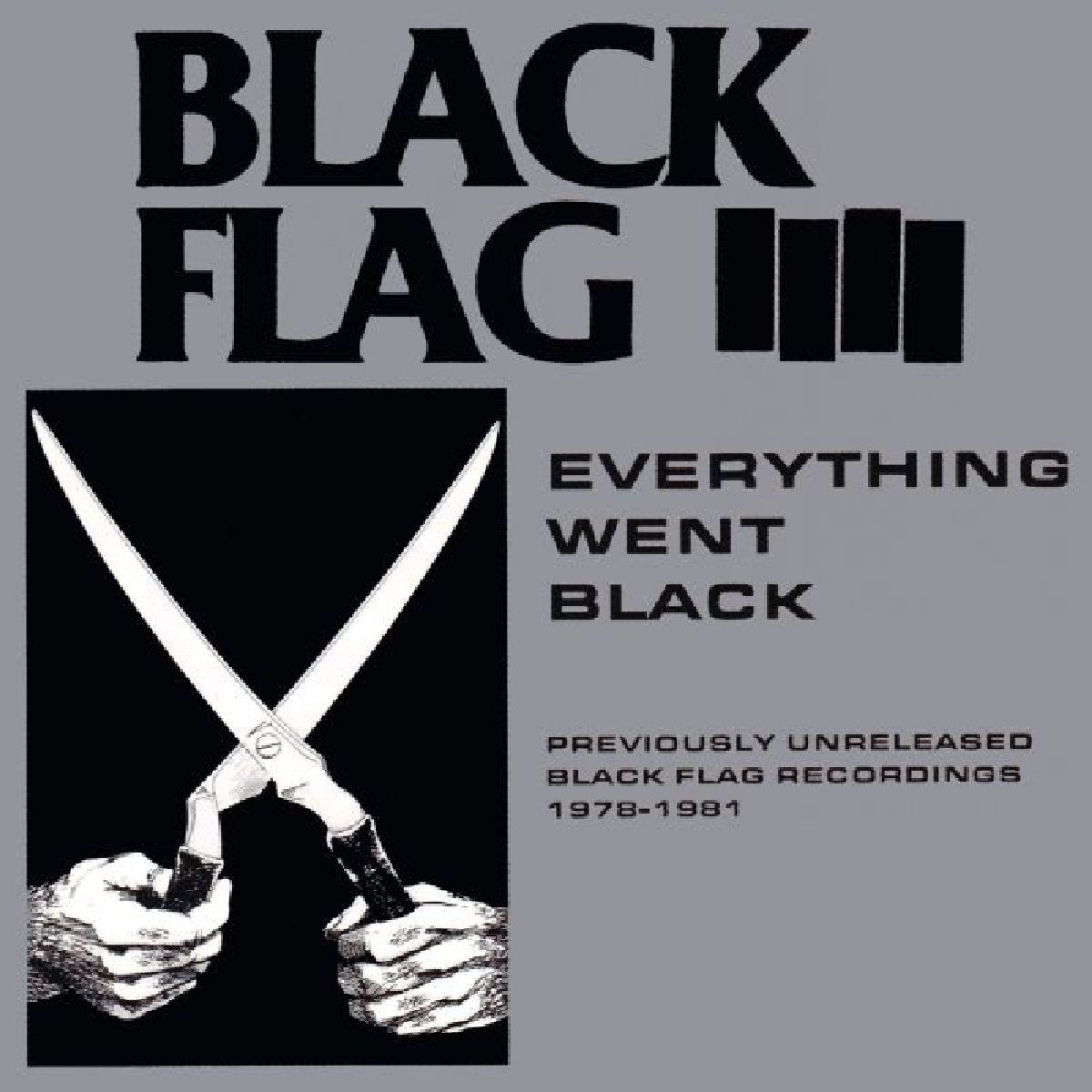 Black Flag album cover: scissors held by hands on black background.