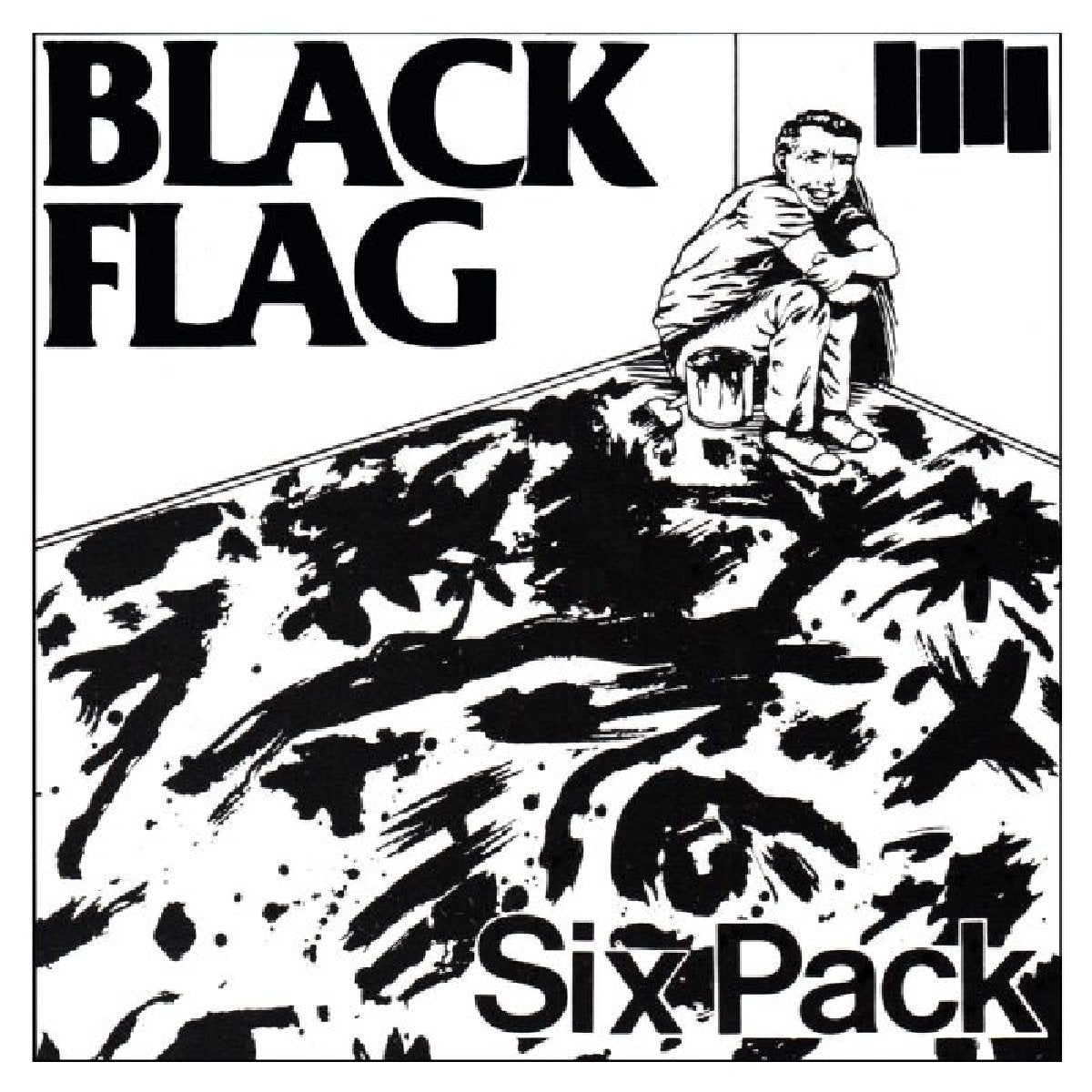Black and white album cover for Black Flag’s “Six Pack” vinyl record.
