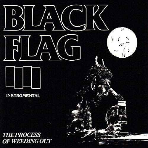 Black Flag album cover: dark illustration of a figure with a microscope.