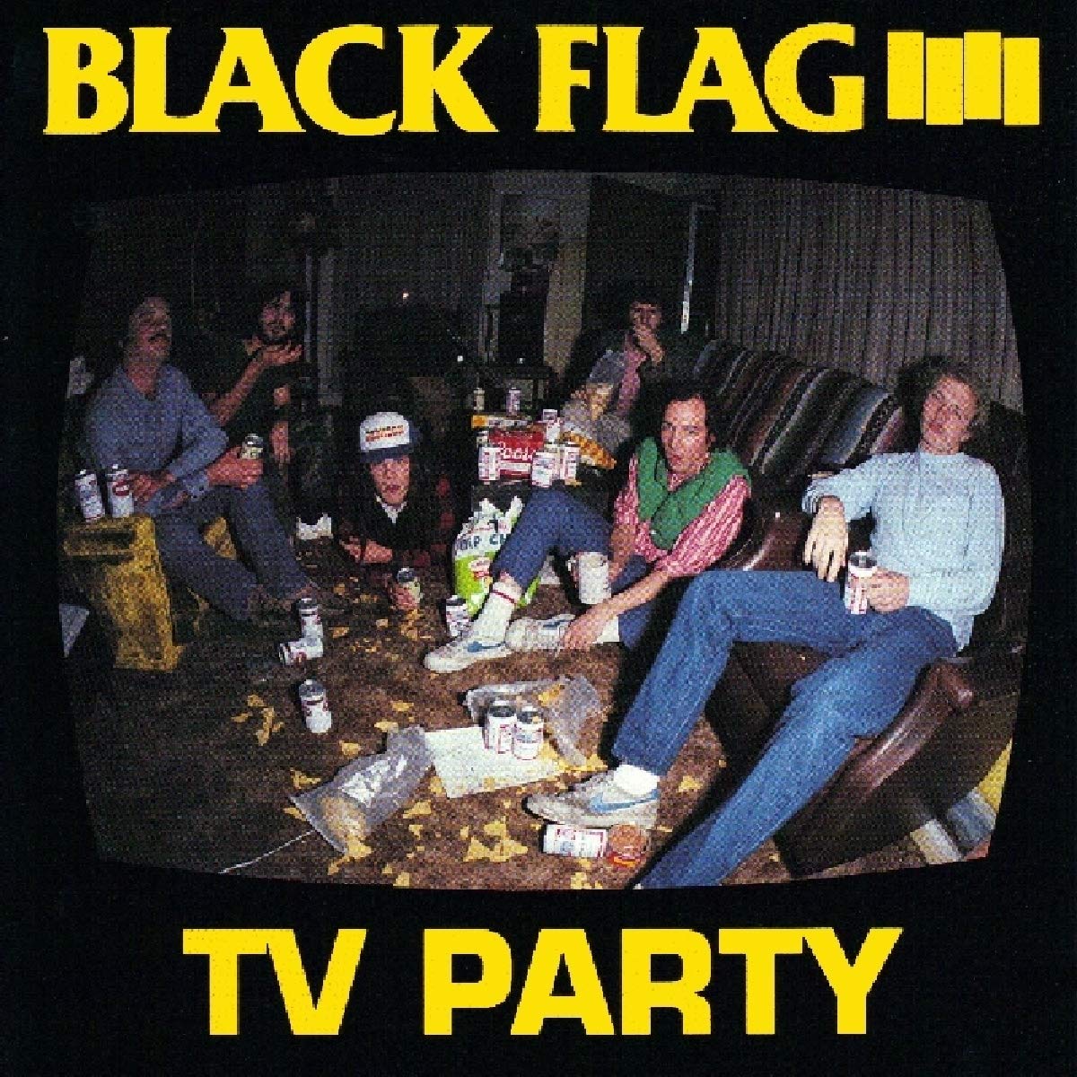 Black Flag “TV Party” album cover: people watching television in a living room.