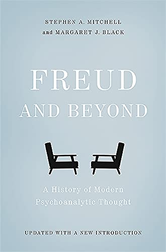Book cover: "Freud And Beyond" with two chairs illustration.