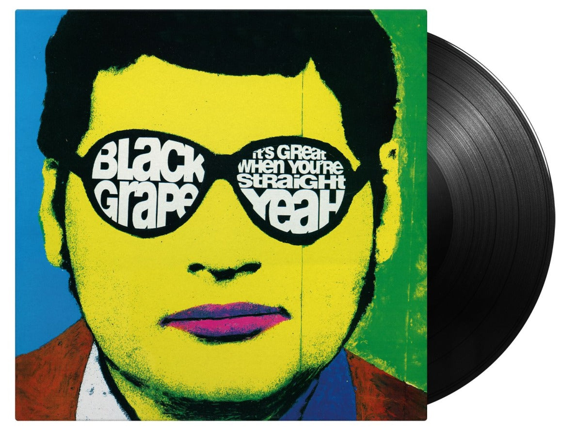 Vinyl record with cover art of a stylized face wearing sunglasses with text.