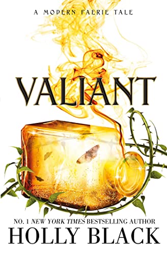 Book cover: “Valiant” with amber-toned imagery, thorns, and a glowing insect.