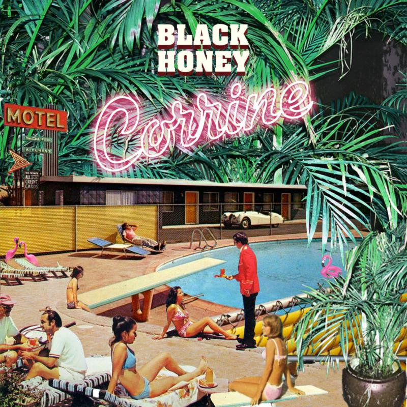 Vintage-style album cover with a poolside scene and neon text.