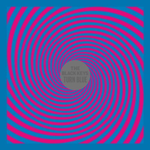 The image depicts a vinyl record cover with a blue background and pink spiral pattern.
