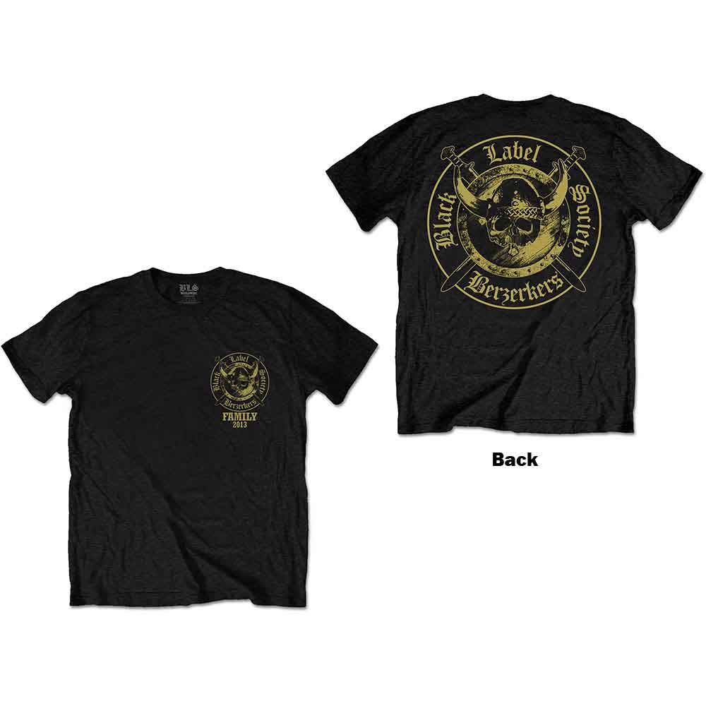 Black t-shirt with gold Black Label Society band logo, worn by a man.