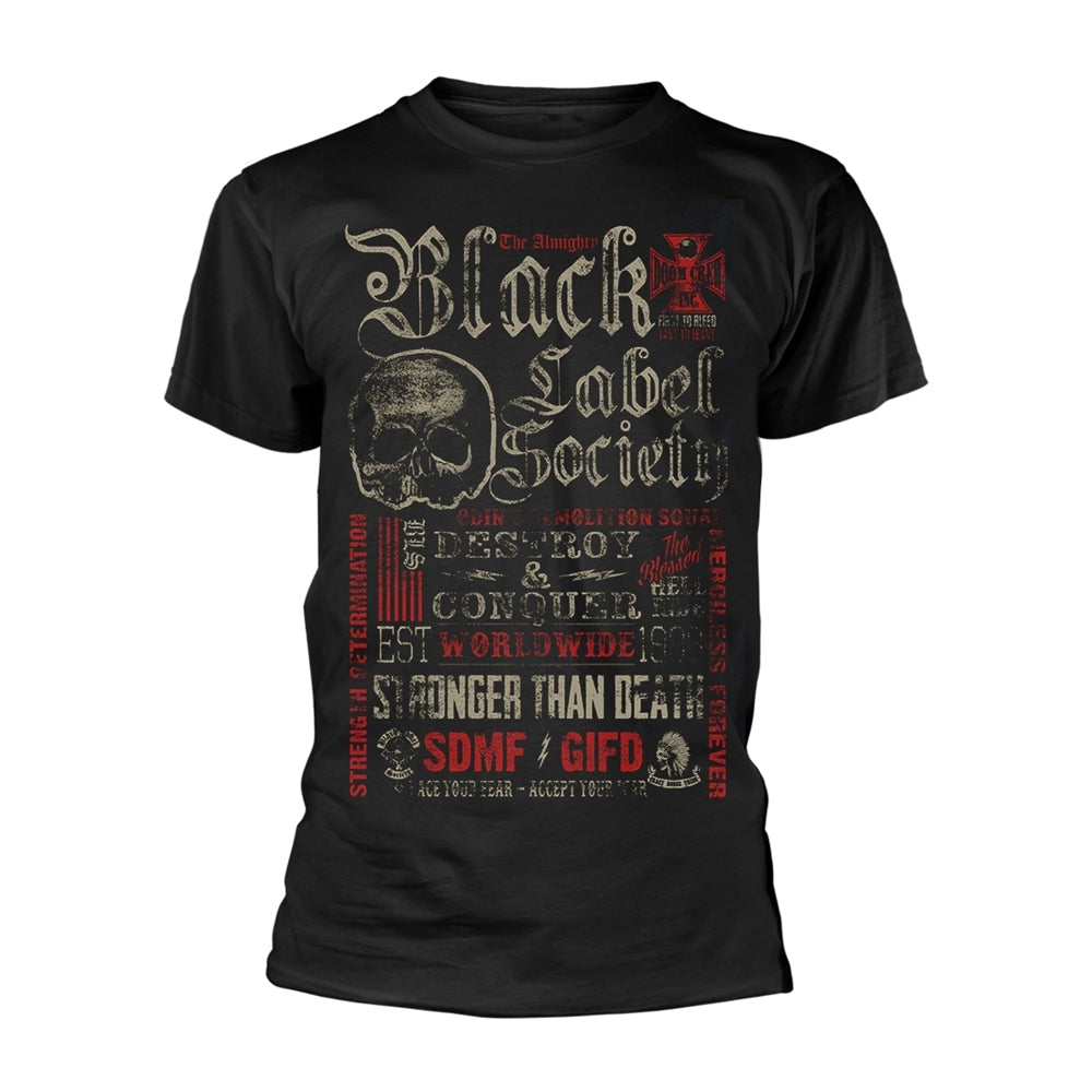 Black t-shirt with skull and “Black Label Society” graphic design.