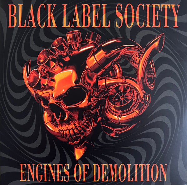 Red skull and engine parts on a swirling black vinyl record cover.