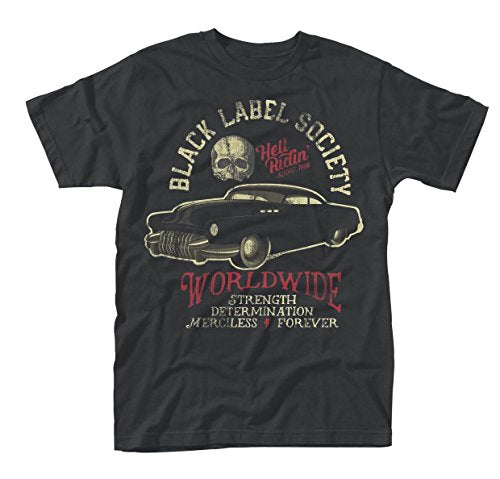 Black t-shirt with skull, hot rod, and "Black Label Society" text.