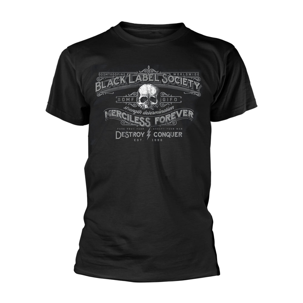 Black t-shirt with a white skull and ornate Black Label Society design.
