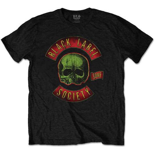 Man wearing a black t-shirt with a red and white skull logo.