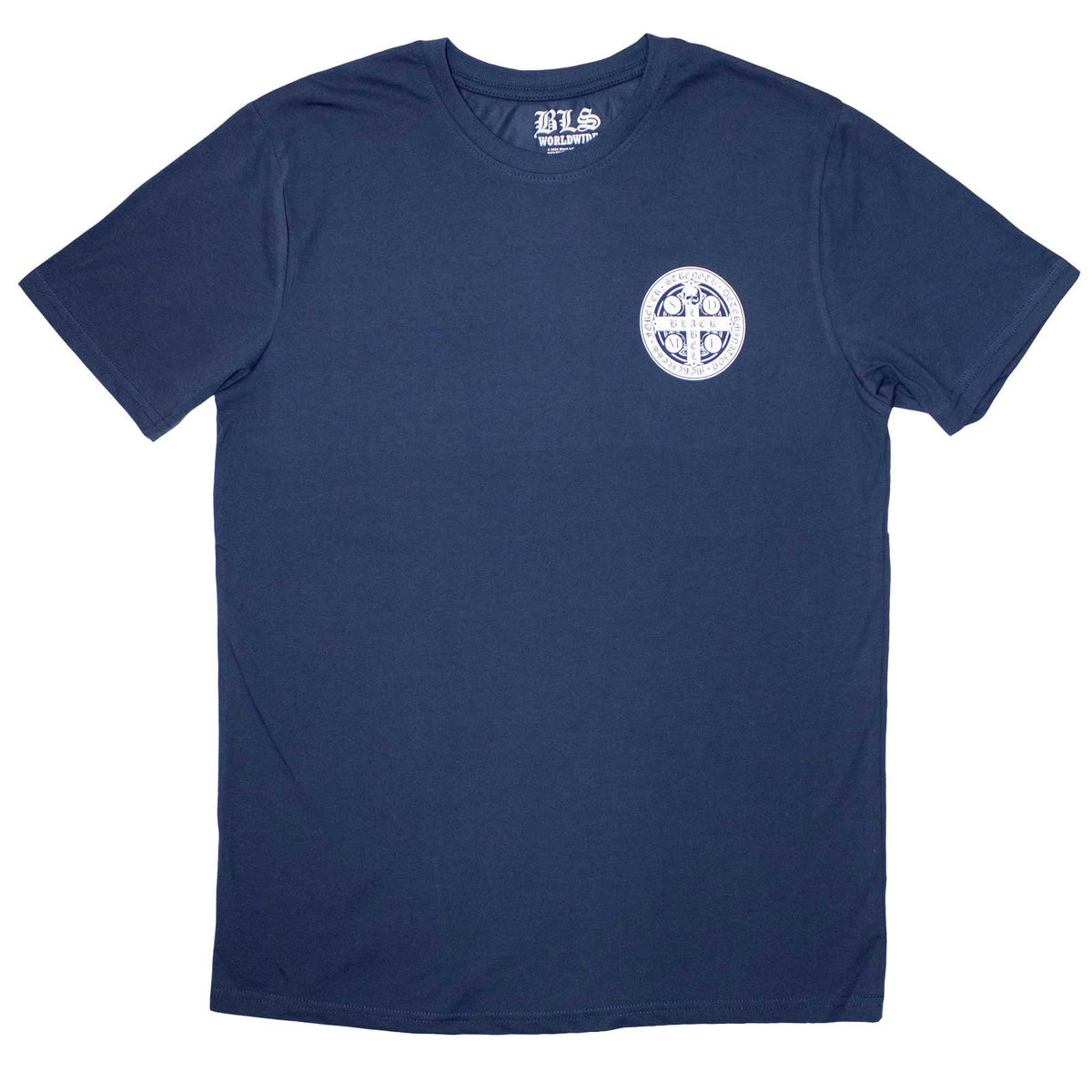 Black t-shirt with small, dark-colored Black Label Society SDMF emblem.