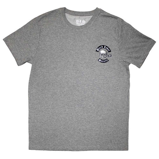Black t-shirt with small white skull logo, Black Label Society branding.