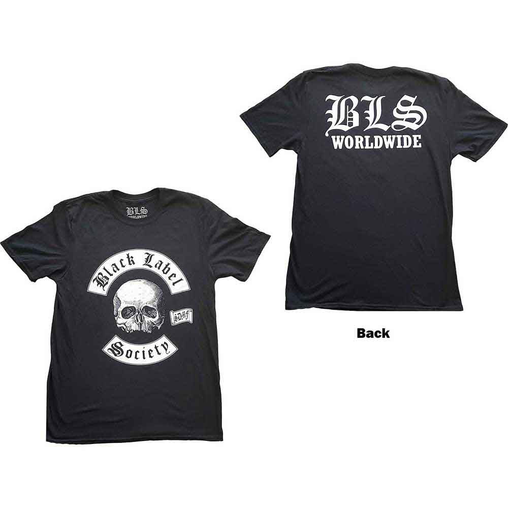 Black t-shirt with large back print of Black Label Society’s “Worldwide V. 2” logo.