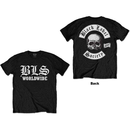 A man wearing a black t-shirt with white BLS Worldwide text on the chest.