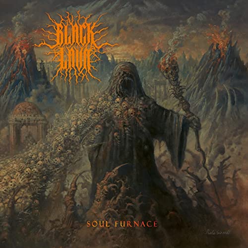 Album cover: dark fantasy art with a hooded skeletal figure and volcanoes.
