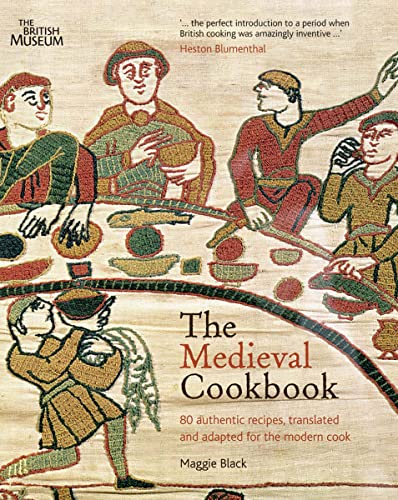 Book cover featuring medieval-style embroidery of people dining, titled The Medieval Cookbook.