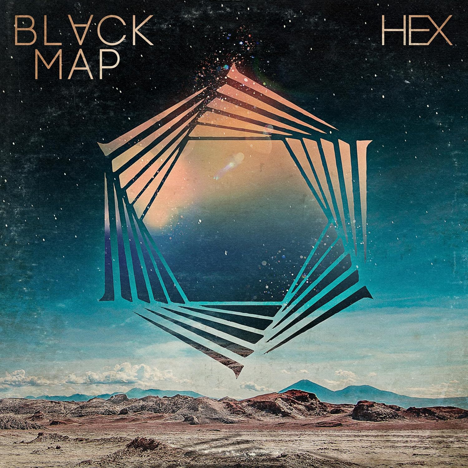 CD cover for Black Map’s “Hex” featuring a hexagonal design over a landscape.