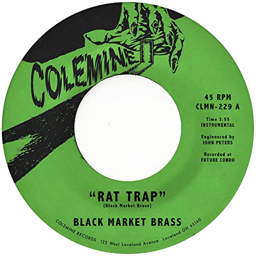 Green and black 7-inch vinyl record label with a rat illustration.