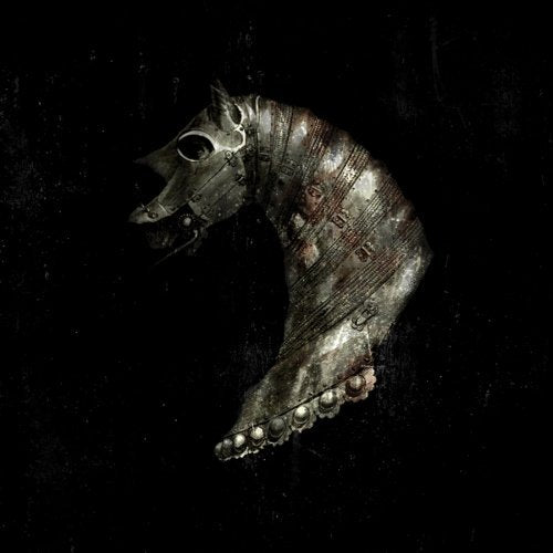 Dark, textured image of a metallic horse head against black.