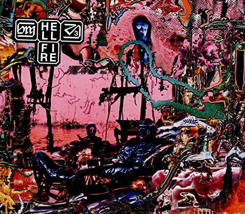 Abstract, chaotic collage art with pink background and figures in a dark, surreal landscape.