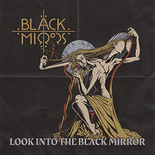 Surreal illustration of a woman with long hair looking into a mirror, black background.