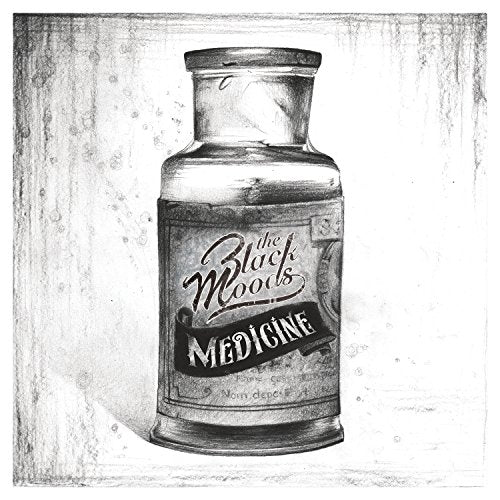 Pencil-style drawing of an old-fashioned medicine bottle with band name label.