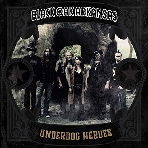 "Black Oak Arkansas album cover featuring a band in a cave, ornate black border."