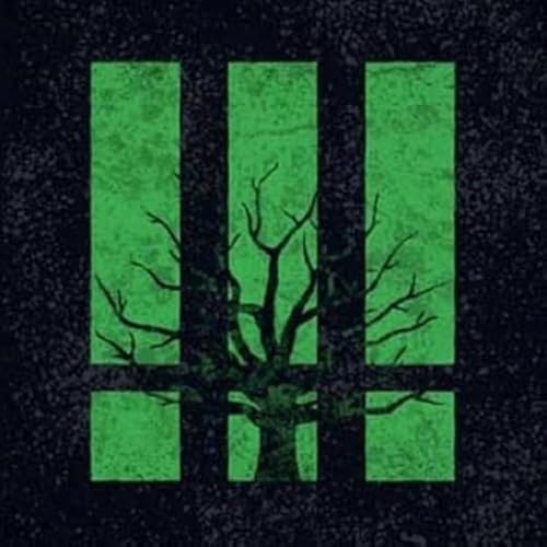 Black album cover with three green rectangles and a bare tree.