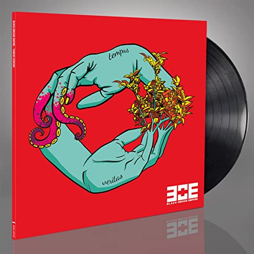 Vinyl record cover showing teal hands holding yellow flowers against a bright red background.