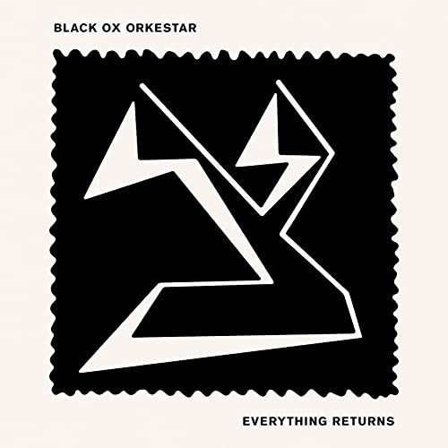 Album cover with a white background, black postage stamp frame, and abstract white symbol.
