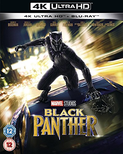 "Black Panther" Blu-ray cover featuring the titular character in a dynamic pose, wearing a black suit.
