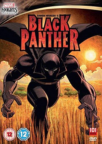 DVD cover featuring a comic-style Black Panther in a black suit against a sunset.