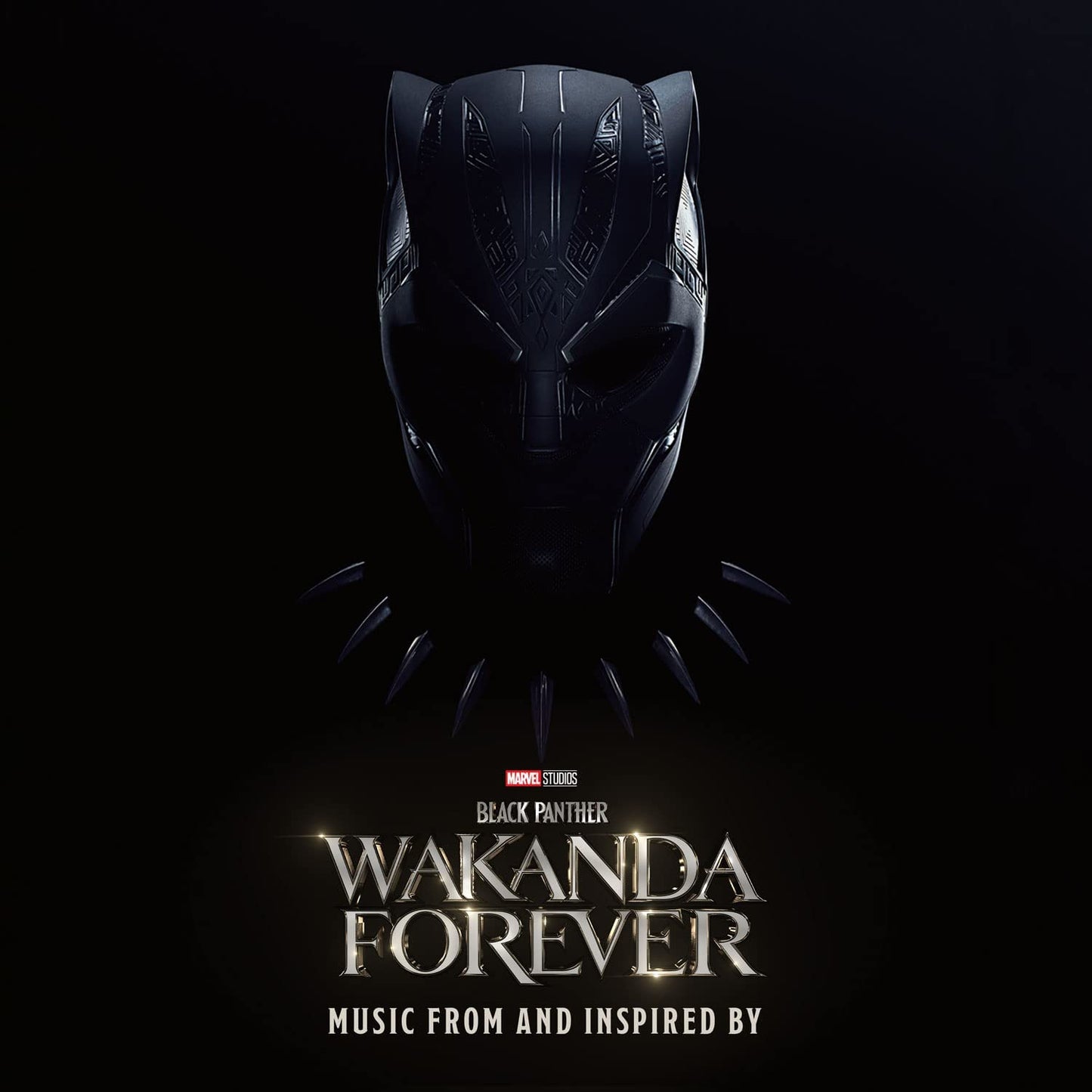 Black Panther mask on album cover for "Wakanda Forever" soundtrack.