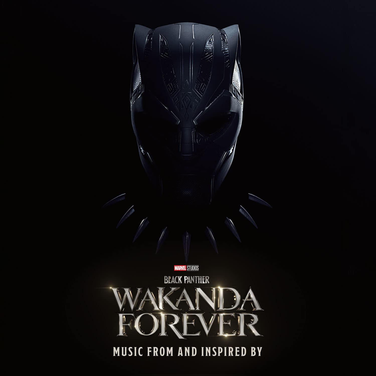 Black Panther mask on album cover for "Wakanda Forever" soundtrack.