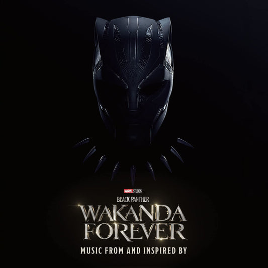 Black Panther mask on album cover for "Wakanda Forever" soundtrack.