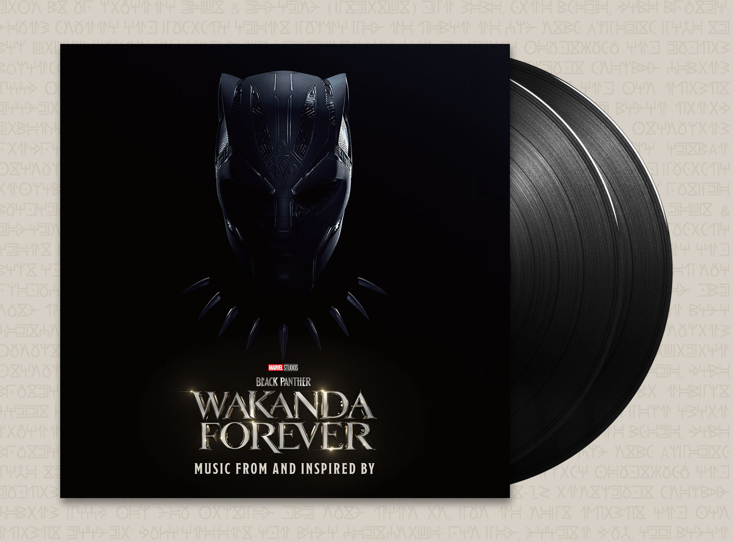"Black Panther Wakanda Forever vinyl album cover featuring a black panther mask on a black background."