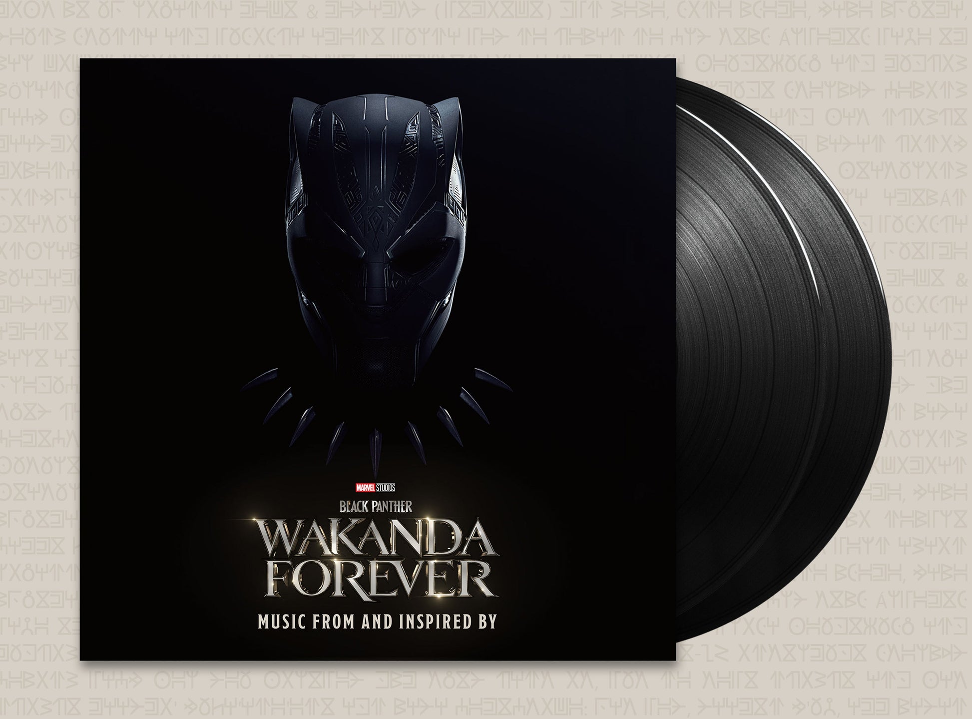 "Black Panther Wakanda Forever vinyl album cover featuring a black panther mask on a black background."