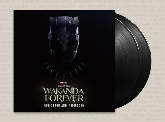 "Black Panther Wakanda Forever vinyl album cover featuring a black panther mask on a black background."