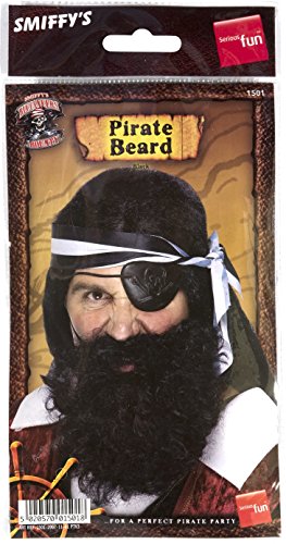 Packaging for a black pirate beard costume accessory featuring a man wearing an eyepatch.